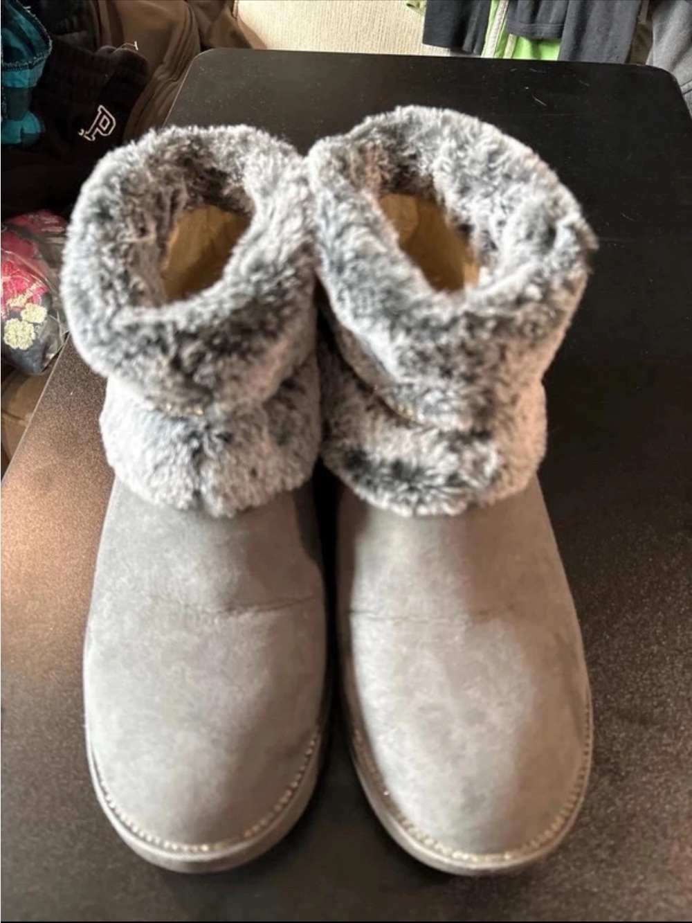 bebe Gray Faux-Fur Cuff Ankle Booties